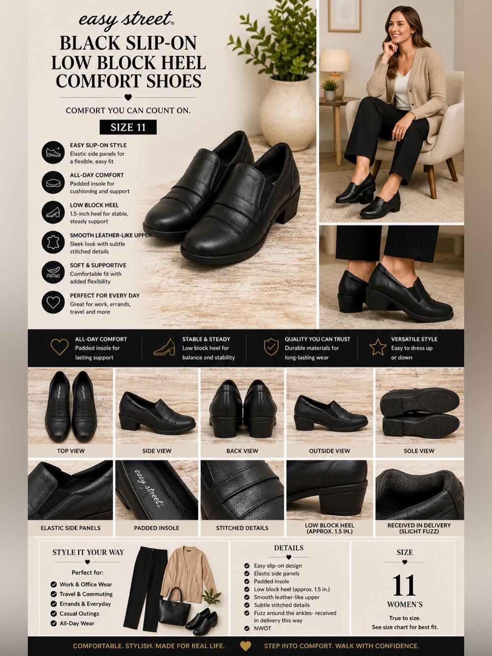 easy street Black Slip-On Low Block Heel Comfort Shoes 11 NWOT